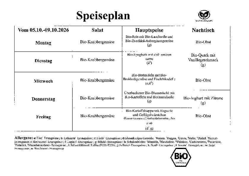 Auf dem Mensaplan werden die Gerichte für die KW41 aufgeführt. 